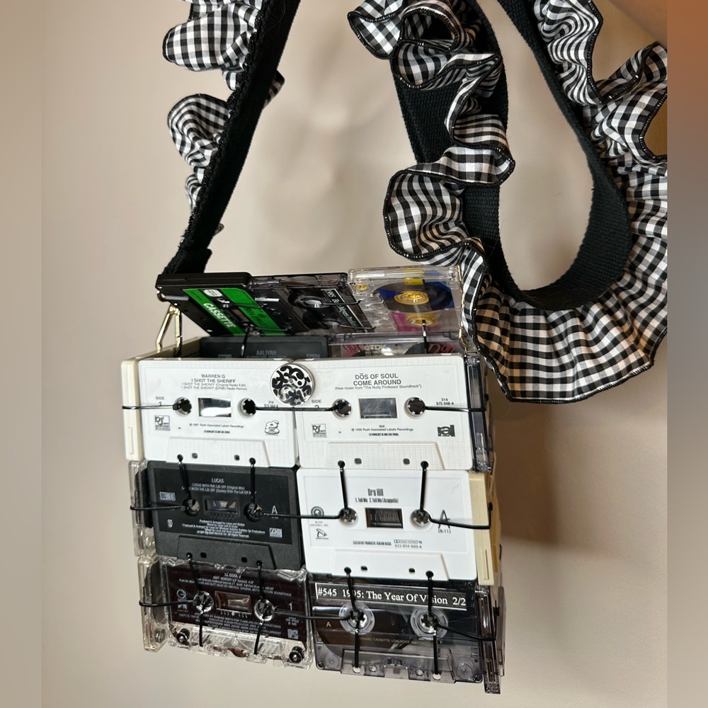Cassette Tape Shoulder Bag with Gingham Ruffle Strap - Picture 2 of 5